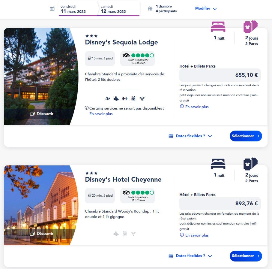 Exemple de réservation Disney pour un séjour 4 personnes