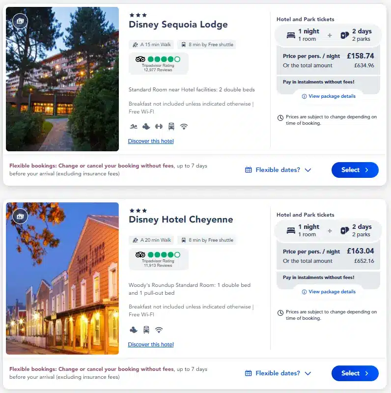 Example of a Disney reservation for a holiday with 4 people.