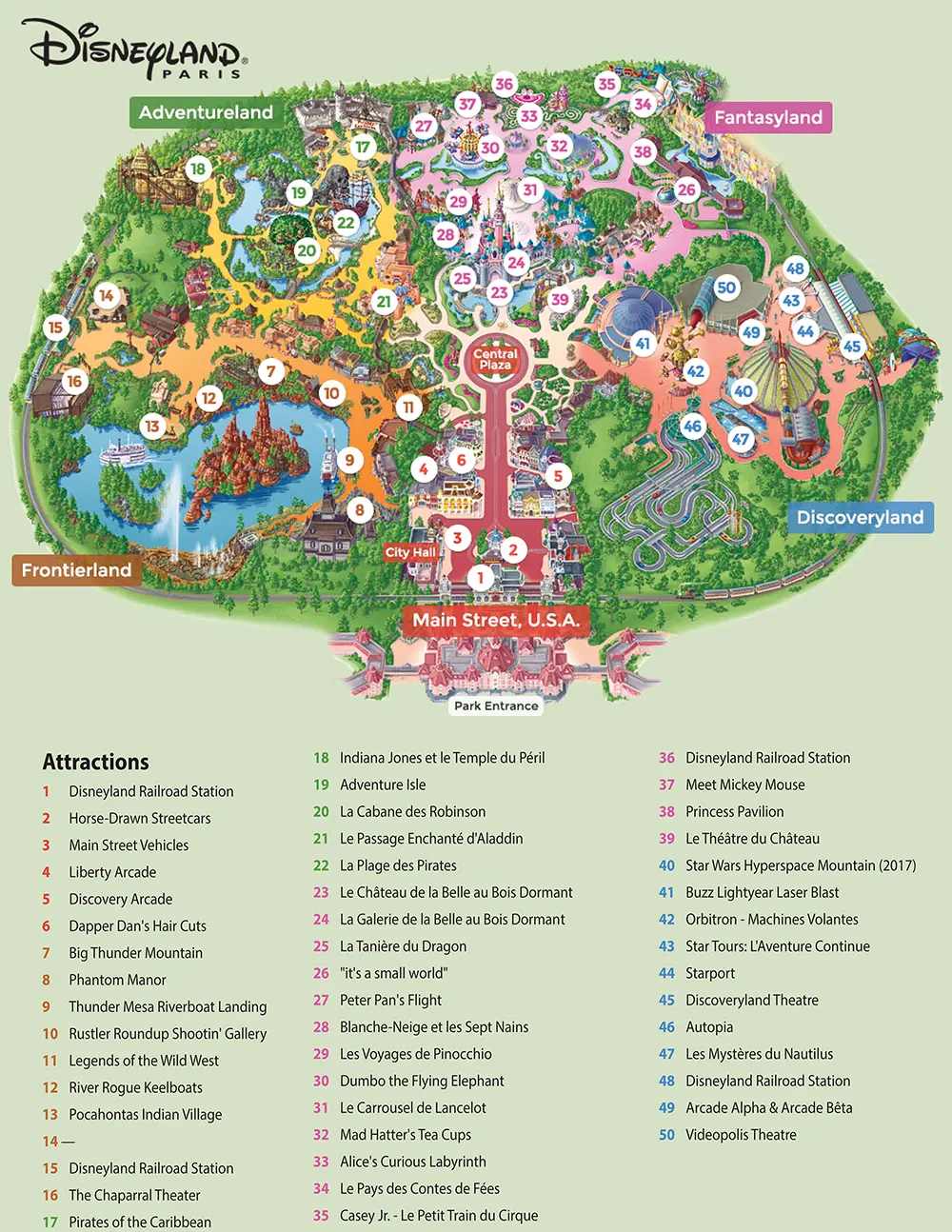 plan du parc Disneyland parc avec légendes des attractions