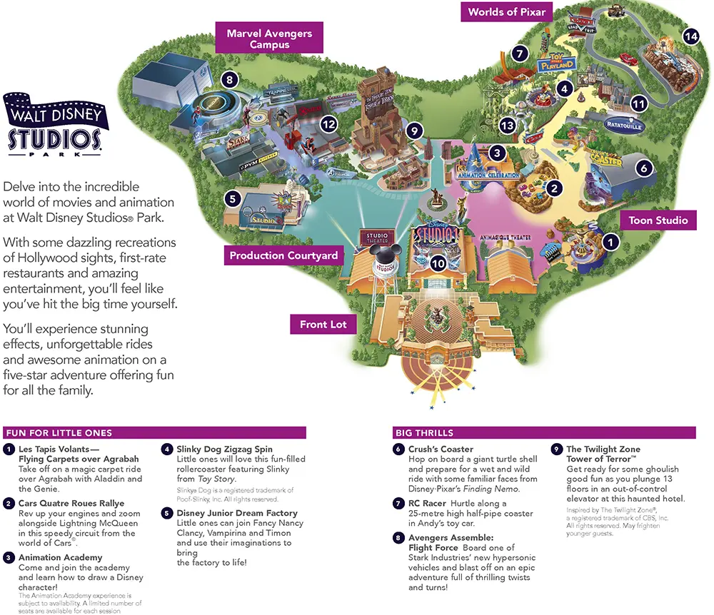 carte complète du parc Walt Disney Studios, a jour avec le Avengers Campus.
