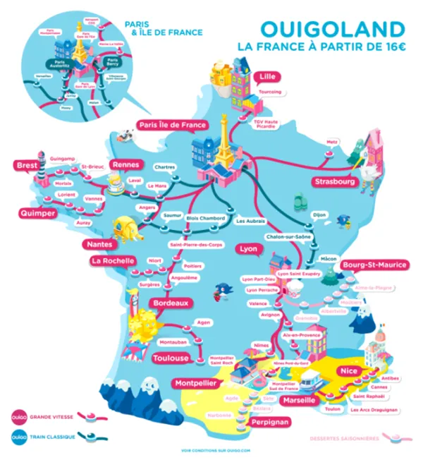 Carte des villes avec train vers Disneyland Paris
