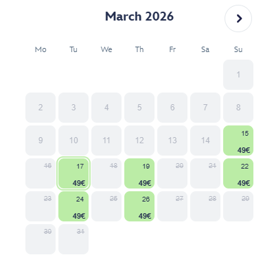 Calendrier des disponibilités du billet Bon Plan