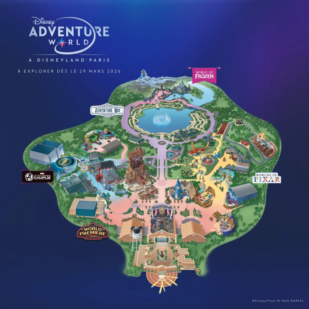 carte complète du Disney Adventure World, a jour avec le Avengers Campus et World of Frozen